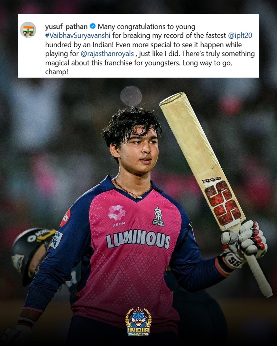 When a legend like Yusuf cheers for the rising star, you know a new chapter is being written!📜🏏
 
Congratulations to #VaibhavSuryavanshi for breaking Yusuf Pathan's iconic record!

Well played, champ. The future is bright! 🌟
 
#TeamIndia #WCLIndiaChampions