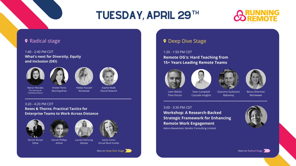 RunningRemote's tweet image. 🚀 Ready to kick off Day 1 at Running Remote 2025?

Here’s your full Tuesday, 29 April schedule, packed with powerful keynotes, hands-on workshops, and conversations you won’t want to miss!

📍 Which sessions are you most excited for? Tell us below!

See you at Fair Market, ATX!