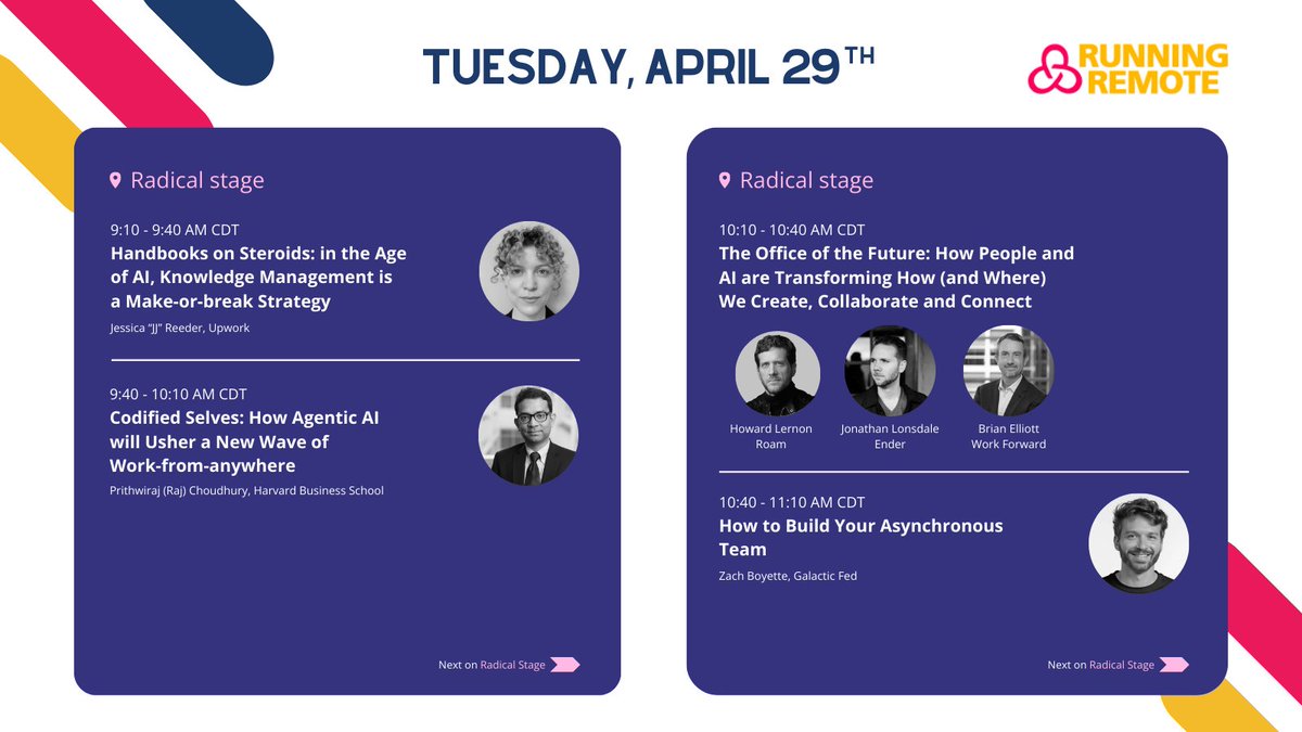 RunningRemote's tweet image. 🚀 Ready to kick off Day 1 at Running Remote 2025?

Here’s your full Tuesday, 29 April schedule, packed with powerful keynotes, hands-on workshops, and conversations you won’t want to miss!

📍 Which sessions are you most excited for? Tell us below!

See you at Fair Market, ATX!