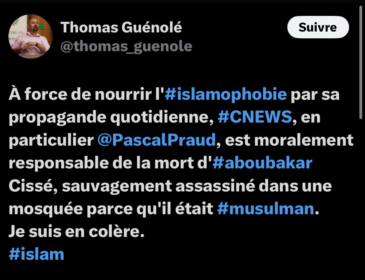 Frontières (@frontieresmedia) on Twitter photo Le politologue d’extrême gauche Thomas Guénolé estime que CNEWS et Pascal Praud sont moralement responsables de la mort d’Aboubakar, dans une mosquée du Gard. Le politologue d’extrême gauche Thomas Guénolé estime que CNEWS et Pascal Praud sont moralement responsables de la mort d’Aboubakar, dans une mosquée du Gard.