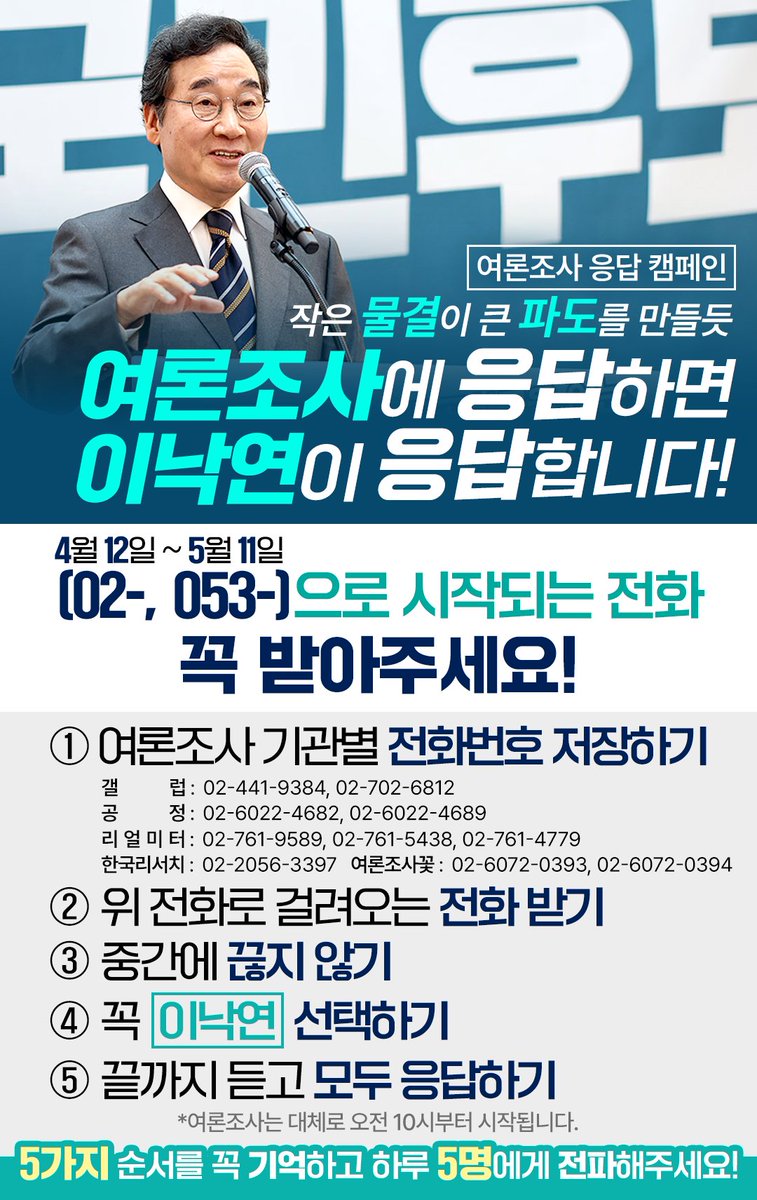 [여론조사 전화]

4월 12일~5월 11일 사이에,
"02" 또는 "053" 으로 시작되는 전화를 꼭 받아 주세요!
평균 지지율 5% 넘으면 이낙연 상임고문의 TV 토론 진출이 가능합니다.

작은 물결이 큰 파도를 만들 듯 여론조사에 응답하면, 이낙연 상임고문님이 응답합니다.

※ 여론조사 업체 전화번호