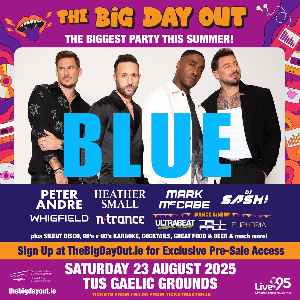 Ticketmaster Ireland (@ticketmasterire) on Twitter photo One of the most iconic boy bands of the noughties, <a href="/officialblue/">BLUE</a> have been confirmed as headline performers at <a href="/thebigdayoutlk/">The Big Day Out</a>, TUS Gaelic Grounds on Saturday 23 August 2025 ☀️🎶
Other performers include <a href="/MrPeterAndre/">Peter Andre</a>, <a href="/MPeopleHeatherS/">Heather Small | The Voice Of M People</a>, <a href="/MarkMcCabeIE/">Mark McCabe</a> and more 🔥
🎫 Tickets on One of the most iconic boy bands of the noughties, <a href="/officialblue/">BLUE</a> have been confirmed as headline performers at <a href="/thebigdayoutlk/">The Big Day Out</a>, TUS Gaelic Grounds on Saturday 23 August 2025 ☀️🎶
Other performers include <a href="/MrPeterAndre/">Peter Andre</a>, <a href="/MPeopleHeatherS/">Heather Small | The Voice Of M People</a>, <a href="/MarkMcCabeIE/">Mark McCabe</a> and more 🔥
🎫 Tickets on