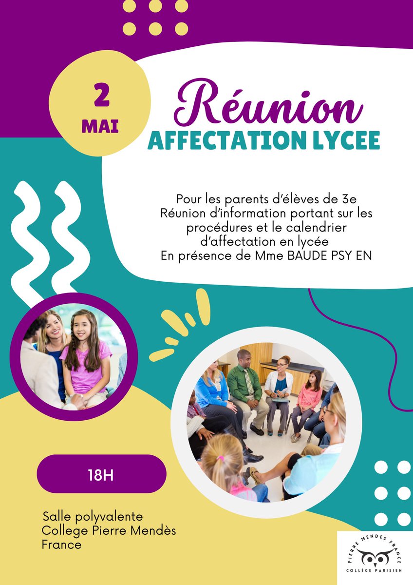 📣 Le collège reçoit les familles de 3e en présence de la Psy-En Mme BAUDE pour préciser le calendrier et les procédures d’affectation en lycée !
Nous attendons vivement les parents pour ce temps fort de la scolarité des élèves !