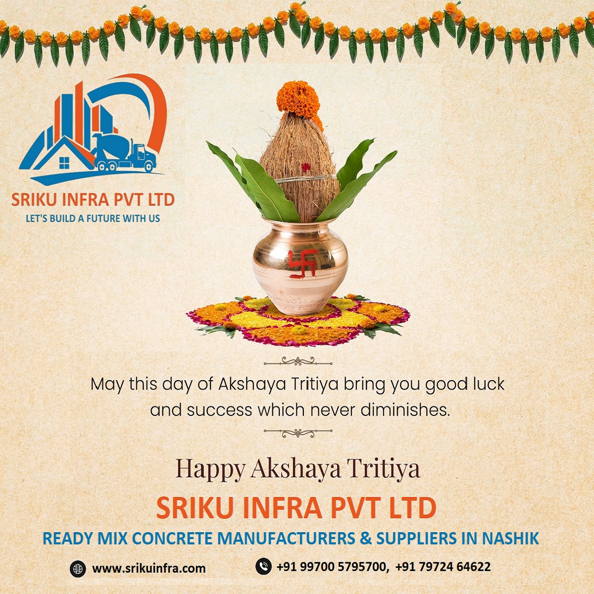SrikuInfra's tweet photo. #HappyAkshayaTritiya! May this auspicious day bring you prosperity, happiness, and success in all your endeavours. May you be blessed with abundance and good fortune on this special day.
 #AkshayaTritiya #festival #akshaya #tritiya #Nashik #RMCNashik #BuildStrong #NashikBuilders https://t.co/yKVonQKosP
