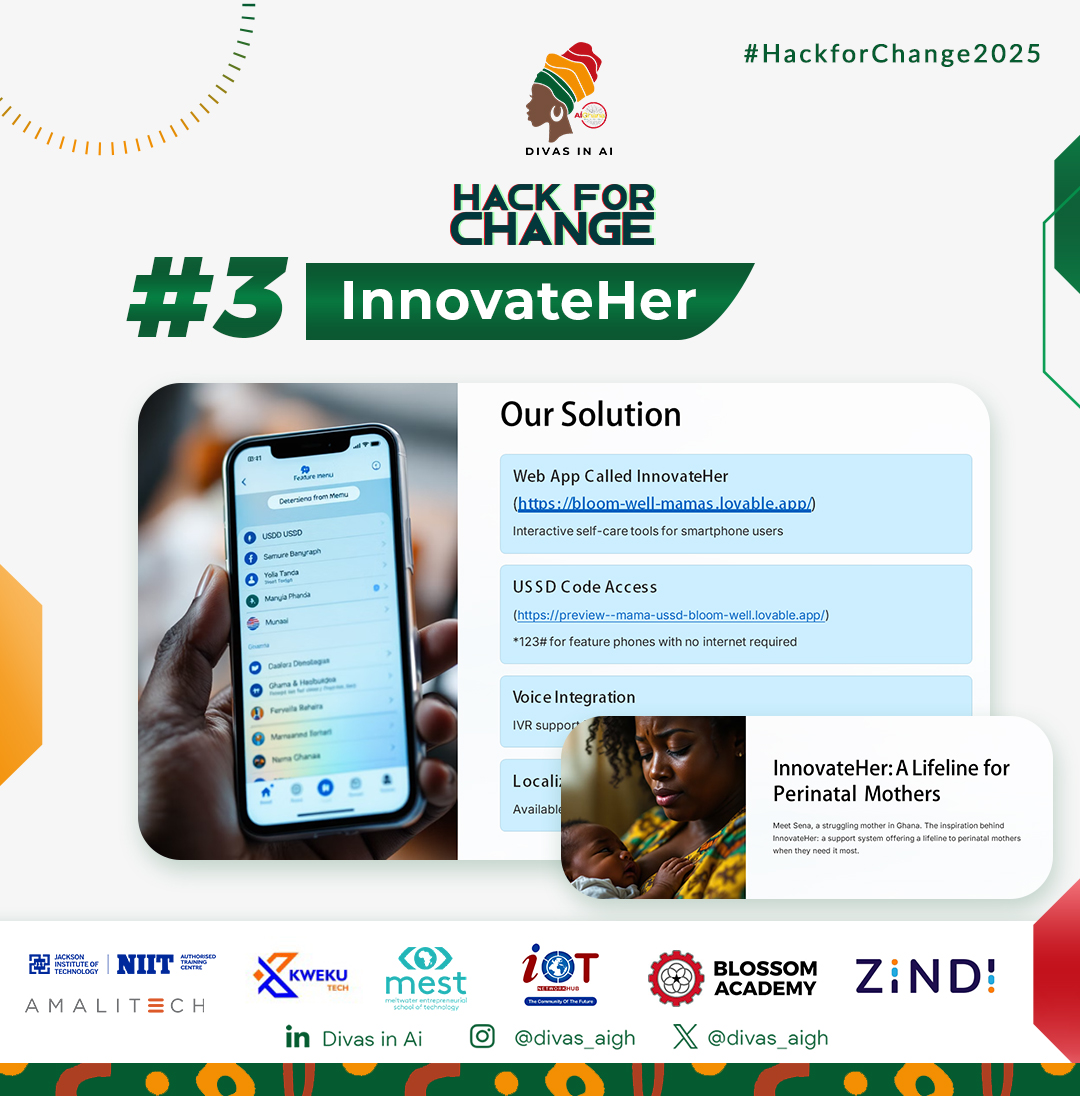 divas_aigh's tweet photo. Immense congrats to our TOP 5 #HackforChange2025 winners! #1 ThriveWell, #2 The Care Keepers, #3 InnovateHer, #4 Tech_Titans & #5 DaNerds showcased amazing AI for mental & maternal health. Proud of these
#WomenInTech! #GrowwithDivas #DiAG https://t.co/OUFdGVCeEl