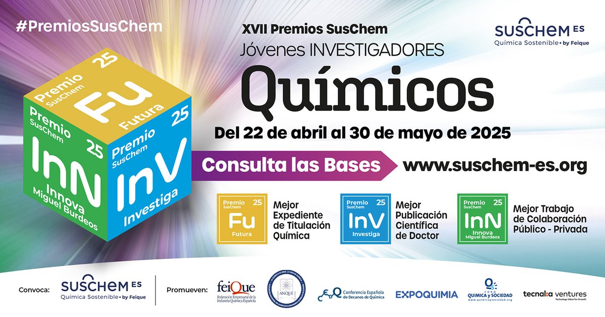 ¿Conoces los requisitos para participar en los #PremiosSusChem?

Si eres &lt;40 y te dedicas a la #investigación en #química o afines, aprovecha el puente para preparar tu candidatura: 3 categorías para conseguir el máximo reconocimiento.

Consulta las bases👉bit.ly/3d3HzHv