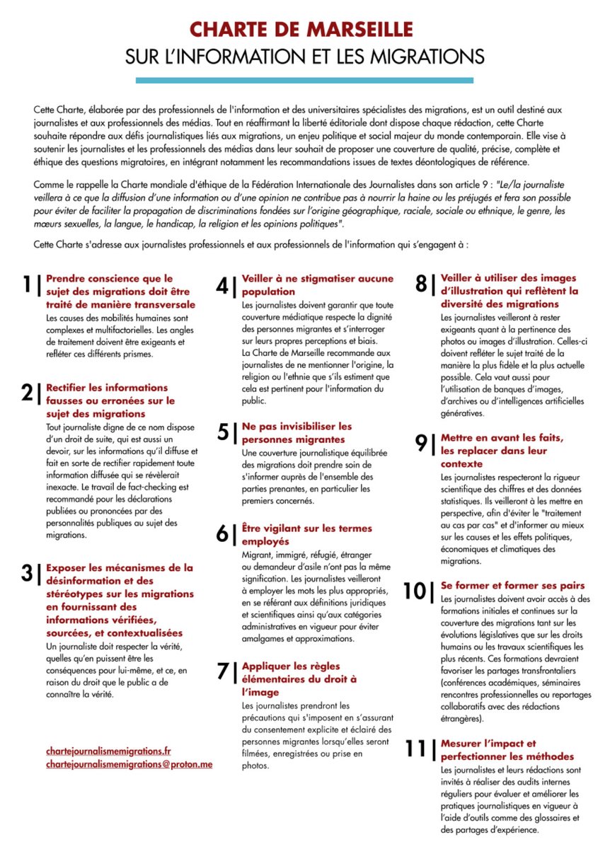 Hélène Thiollet (@helene_thiollet) on Twitter photo 📢 Launched today at the Assises du journalisme: the Marseille Charter on Information and Migration!
Co-drafted by journalists and migration scholars, it offers ethical guidance for accurate reporting on migration. <a href="/DesinfoxMig/">Désinfox Migrations</a> <a href="/CERI_SciencesPo/">CERI Sciences Po</a>
#Migration #journalism 📢 Launched today at the Assises du journalisme: the Marseille Charter on Information and Migration!
Co-drafted by journalists and migration scholars, it offers ethical guidance for accurate reporting on migration. <a href="/DesinfoxMig/">Désinfox Migrations</a> <a href="/CERI_SciencesPo/">CERI Sciences Po</a>
#Migration #journalism