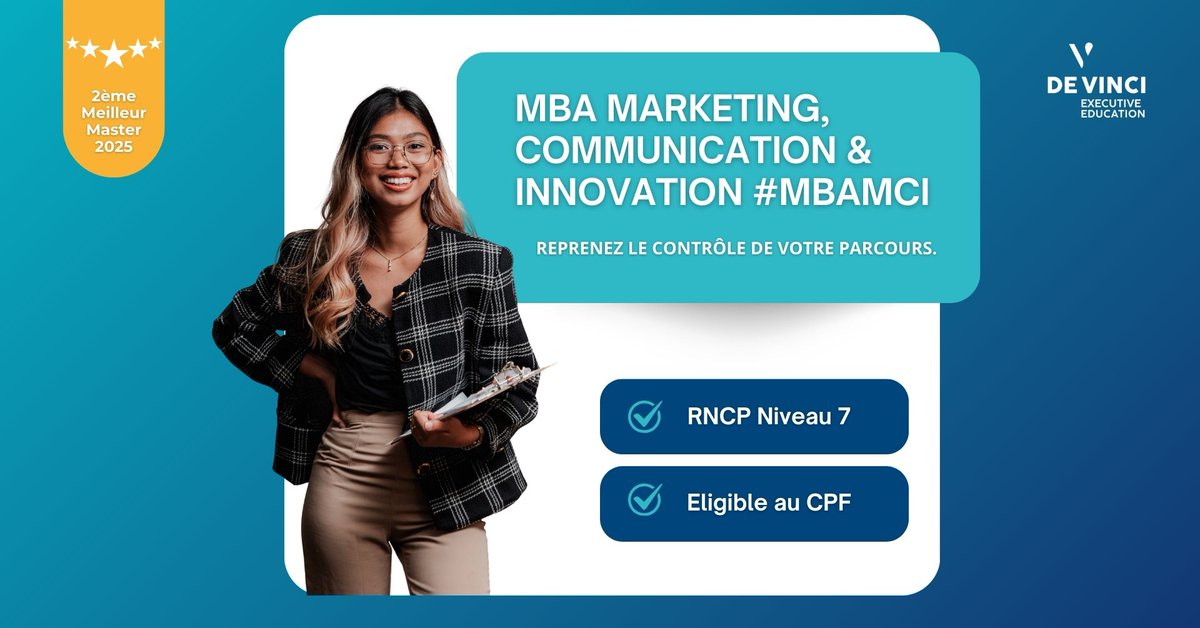 Devinci Executive Education (@devinciexec) on Twitter photo 🤖 Vous souhaitez devenir un expert en marketing digital et communication, prêt à innover dans un secteur en pleine expansion ?
👉 Candidatez au MBA Marketing, Communication & Innovation <a href="/mbamci/">MBA MCI - MBA Marketing Communication Innovation</a> : ow.ly/Nb1B50UFiIL
📅 Prochaine rentrée : 29 septembre 2025 ⚡ 🤖 Vous souhaitez devenir un expert en marketing digital et communication, prêt à innover dans un secteur en pleine expansion ?
👉 Candidatez au MBA Marketing, Communication & Innovation <a href="/mbamci/">MBA MCI - MBA Marketing Communication Innovation</a> : ow.ly/Nb1B50UFiIL
📅 Prochaine rentrée : 29 septembre 2025 ⚡