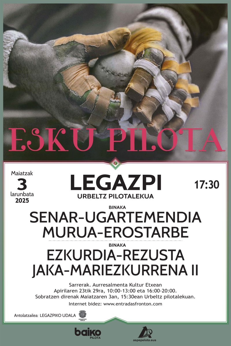 ⚾ PROFESIONAL MAILAKO PILOTA PARTIDAK MAIATZEKO SANTIKUTZETAN
📣  Azken eguna sarrera fisikoak eskuratzeko apirilak 29. 
📍 Kultur etxean salgai 2, 3, 4, 5 eta 6. ilaretako 5etik 26ra bitarteko eserlekuetako sarrerak. 
🎟️ Prezioa: 30€. 

#legazpiherria.