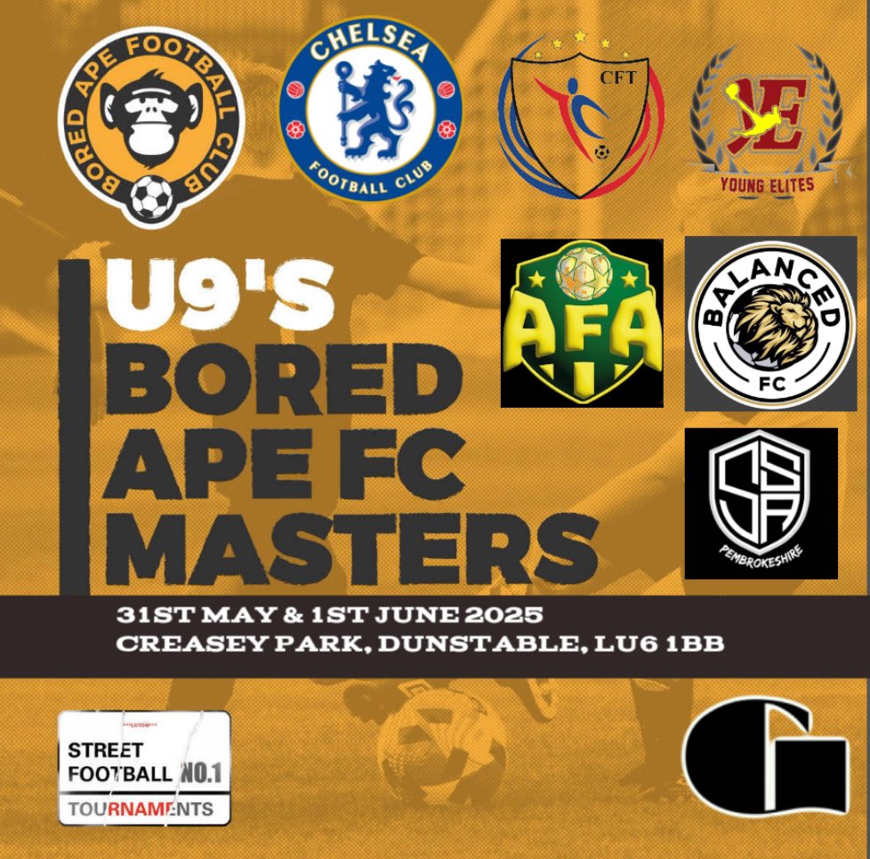SFTLuton's tweet photo. GROUP G @BoredApe_FC Masters 

@ChelseaFC 
CFT Academy 
Youngs Elite
balanced FC
SSA Pembrokeshire Street Futsal
AFA https://t.co/s6jXPluJTc