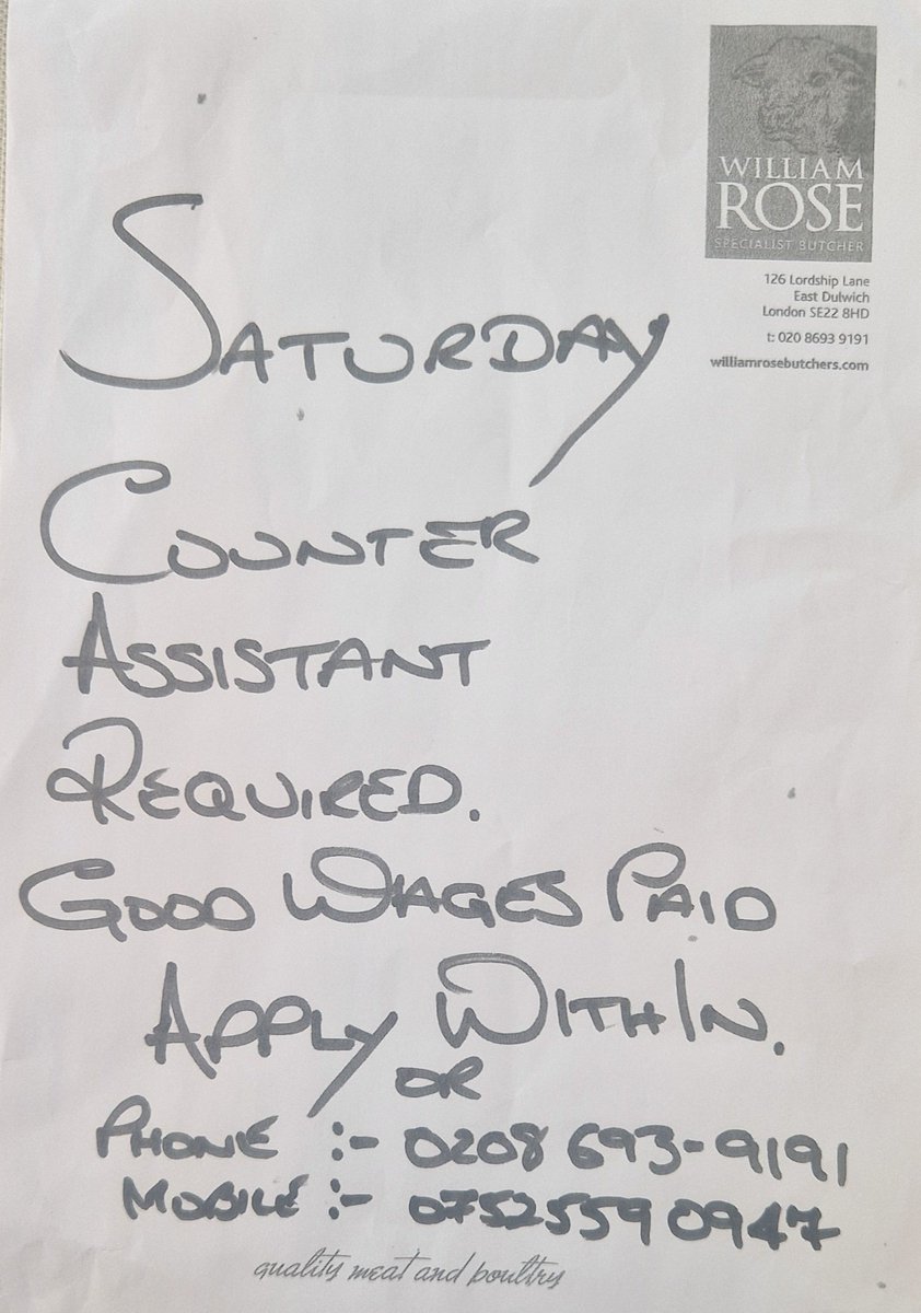 Saturday counter staff required please enquire within the shop or contact us on 02086939191 or 07525590947 , must be able to work Saturdays #saturdayjob #lordshiplane #eastdulwich #hearnhill #nunhead #westdulwich #foresthill
