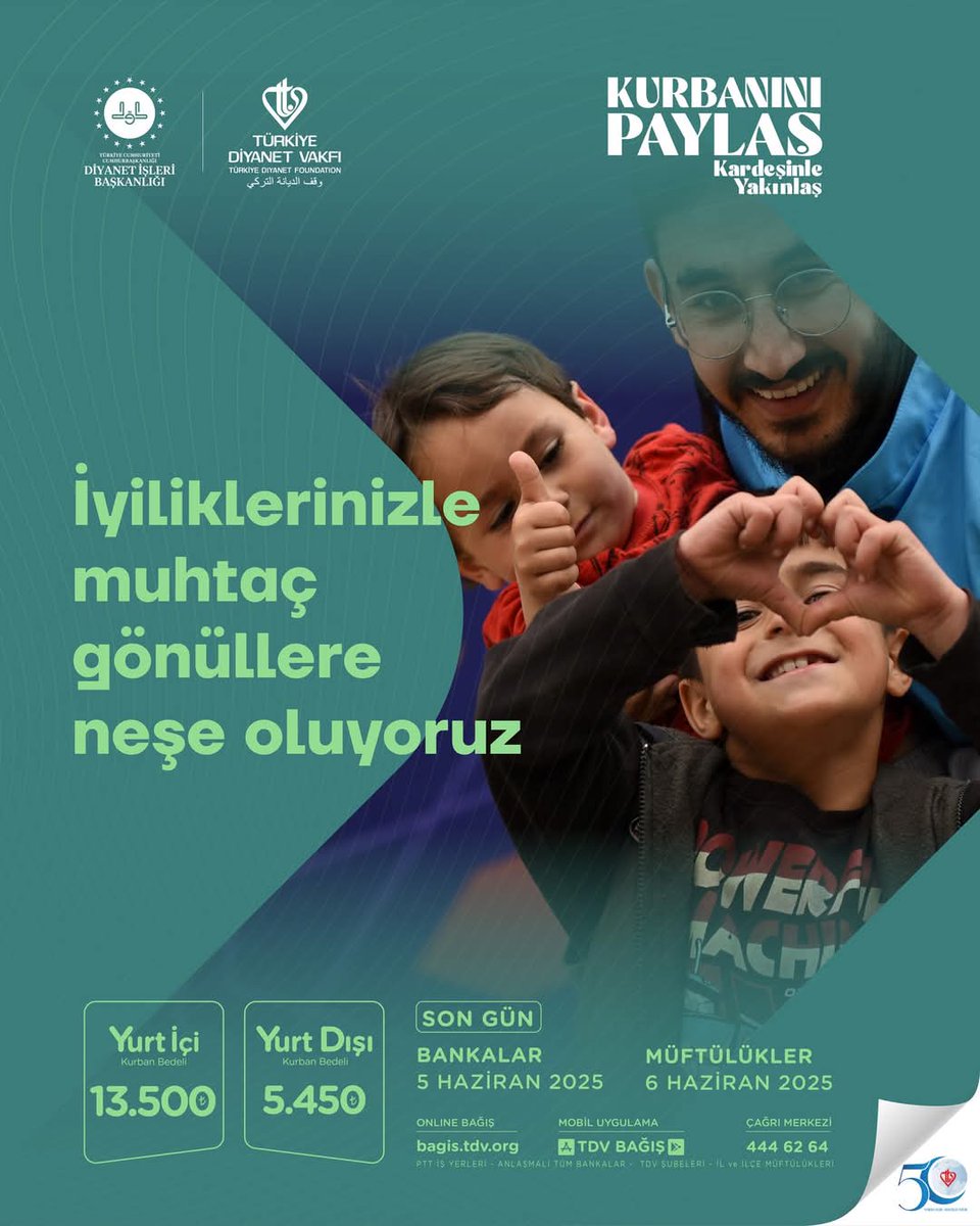 İyiliklerinizle muhtaç gönüllere neşe oluyoruz

#KurbanınıPaylaş Kardeşinle Yakınlaş

Kurban bağışlarınızı, bagis.tdv.org adresinden, mobil bağış uygulamamızdan, Banka/PTT şubelerinden ve Müftülüklerden yapabilirsiniz.