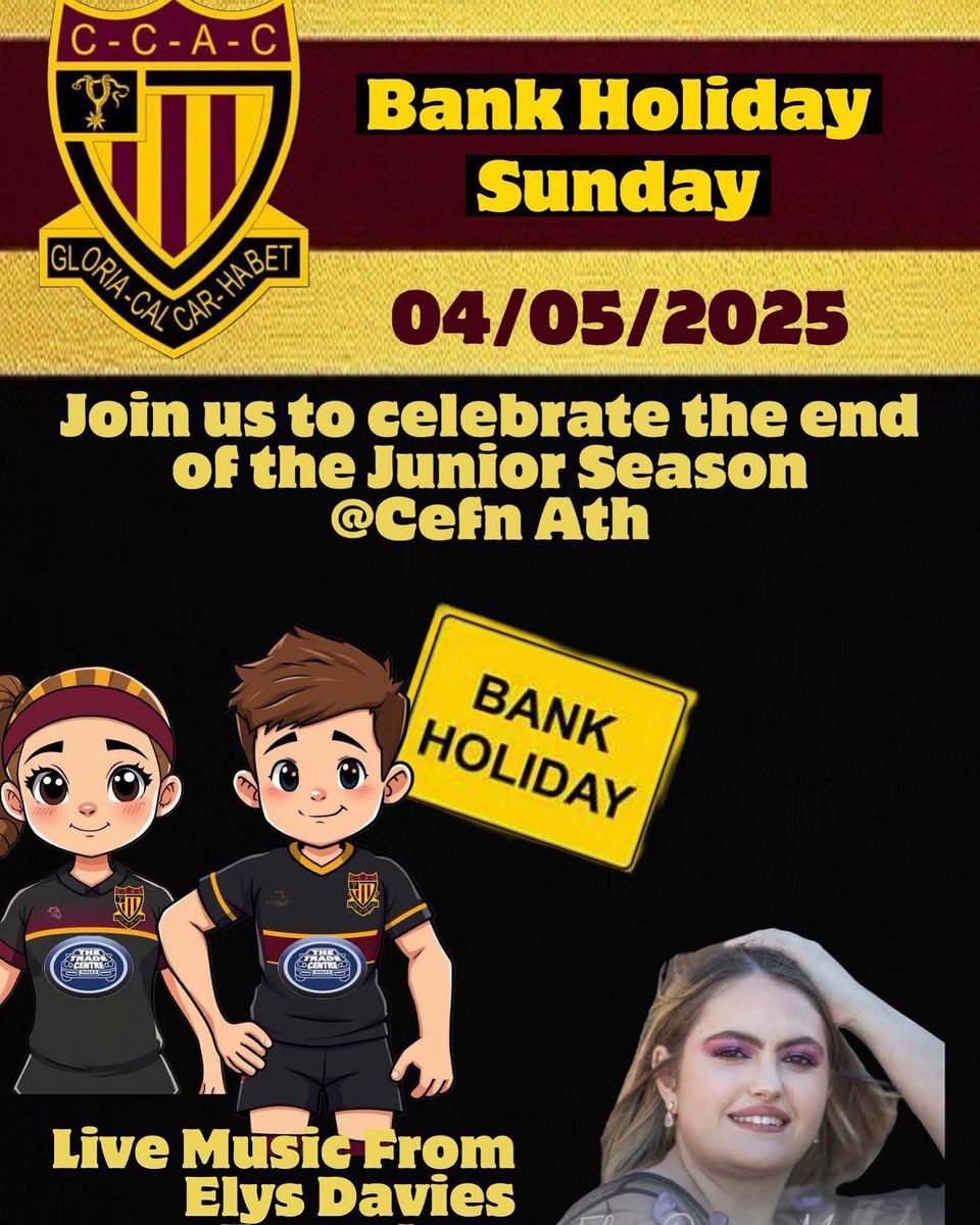 Join us this Sunday, 4th May, to celebrate the end of the Junior Season in style! 🏉

The club will be open from 12pm – everyone’s welcome! ❤️🖤💛

Enjoy live music from the amazing Elys Davies starting at 4pm – you won’t want to miss it! 🎶

See you there! 🍺