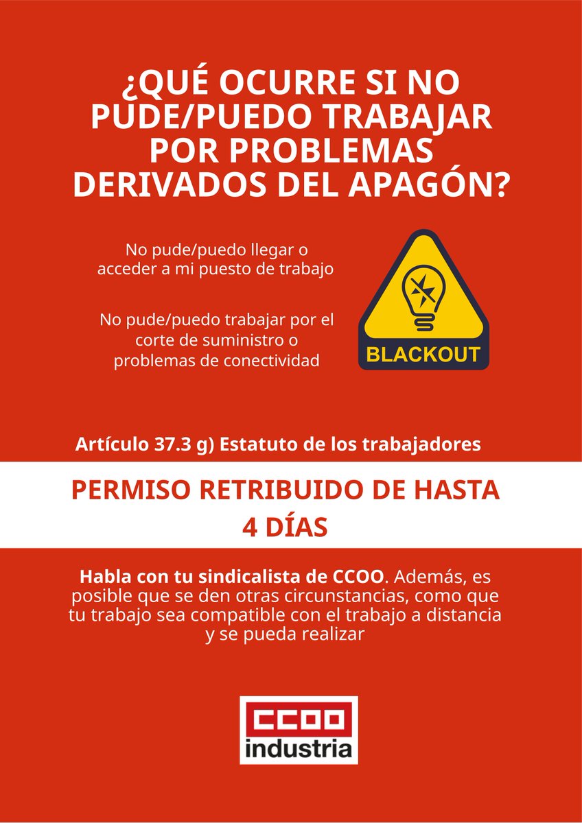 Industria_CCOO's tweet photo. 🔴Comunicado de CCOO de Industria ante la situación del apagón
👉Agradecimiento a los trabajadores y trabajadoras de operación y mantenimiento, generación, transporte y distribución del sector eléctrico que permitieron el paulatino restablecimiento del suministro eléctrico
🧵⤵️ https://t.co/UunGG1tFE2