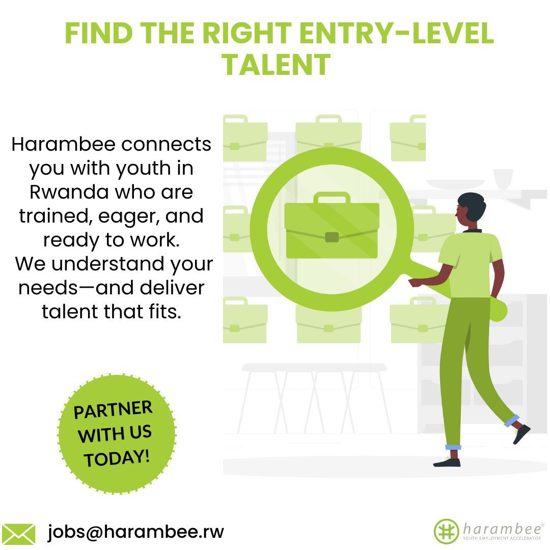 At Harambee, we connect businesses in Rwanda with capable, prepared young professionals who are ready to make an impact. Partner with us to access the talent your business needs to grow.

For more information, visit harambee.rw or email us at jobs@harambee.rw