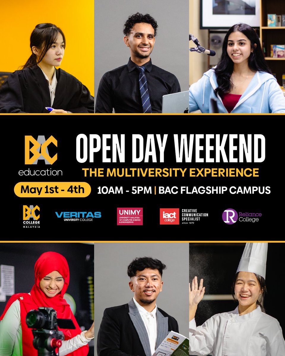 Experience the multiversity!

Join us this Open Day Weekend and explore a world of endless possibilities, all under one roof at BAC Education.

📅 1st-4th May 2025
⏰ 10AM – 5PM
📍 BAC Flagship Campus, PJ

Click on bac.education/OpenDayWeekend… to register now!
#OpenDay #BAC #SPM2024