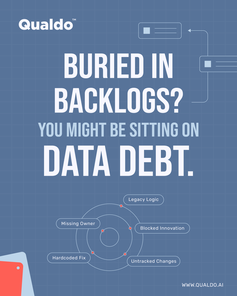qualdo_ai's tweet photo. Data debt is invisible but everywhere!

In hardcoded logic, broken pipelines, and forgotten fixes.

It delays insights, risks #AI, and kills automation.

You can't fix everything, but you can fix what matters.

We make it visible. → https://t.co/ptaLYAnkLm

#DataDebt #Qualdo https://t.co/MPlCRhhmLO