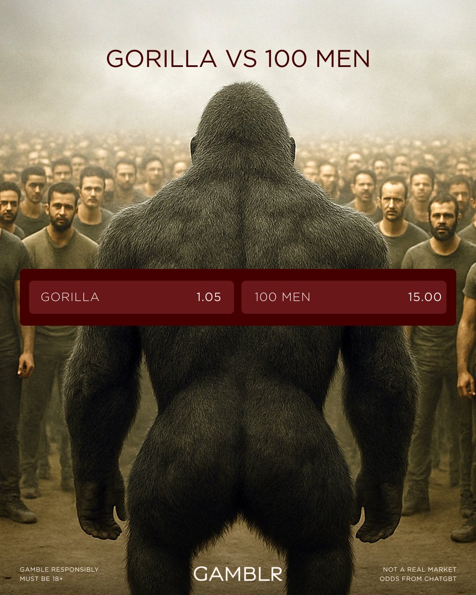 The fight everyone has been talking about. 🔔

Gorilla 🦍 vs 🏃‍♂️ 100 Men. 

Who will come out on top? 👀