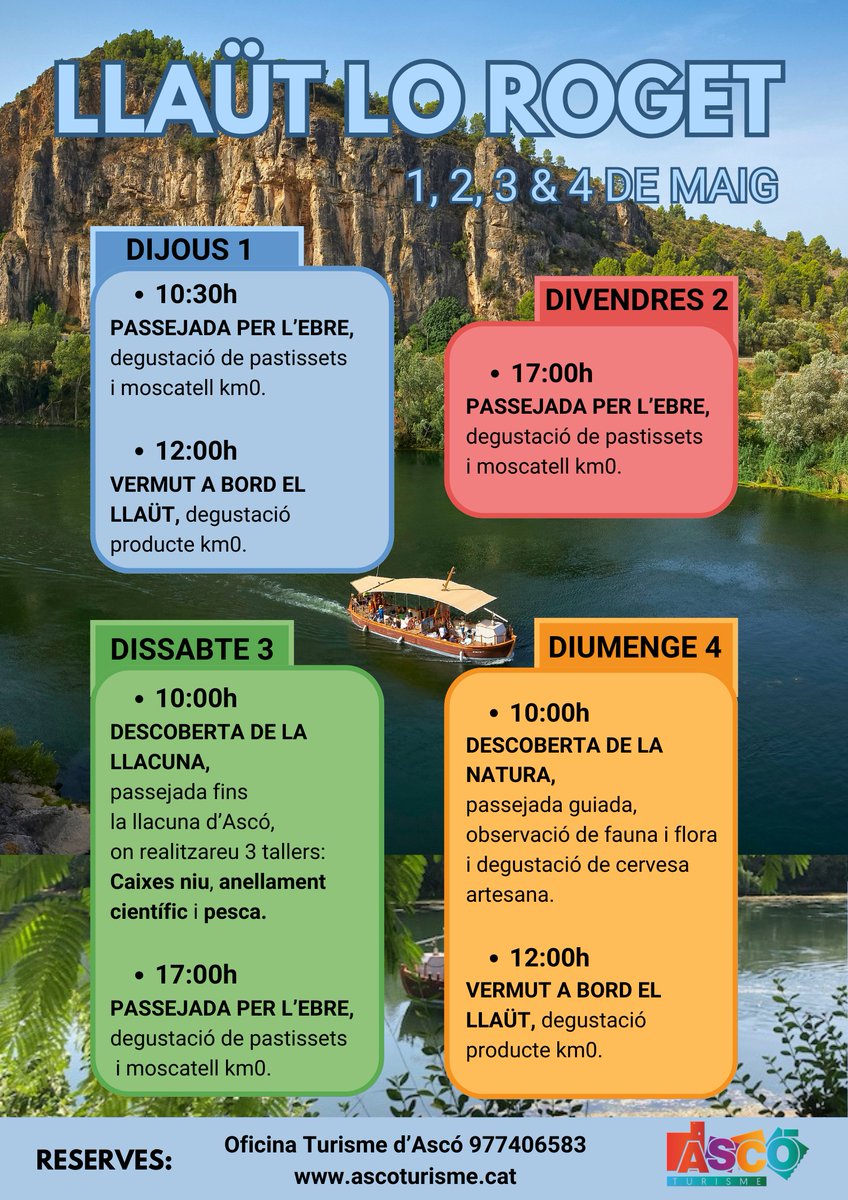 Ja saps què faràs aquest #capdesetmana?

Tant si fas pont com si no, a #Ascó et proposem diverses #activitats per gaudir de la #natura, la gastronomia i de l'#Ebre a bord del llaüt #LoRoget! ⛵🌿

🎟️ Reserves: equipaments.asco.cat/events

#catalunyaexperience #terresdelebre