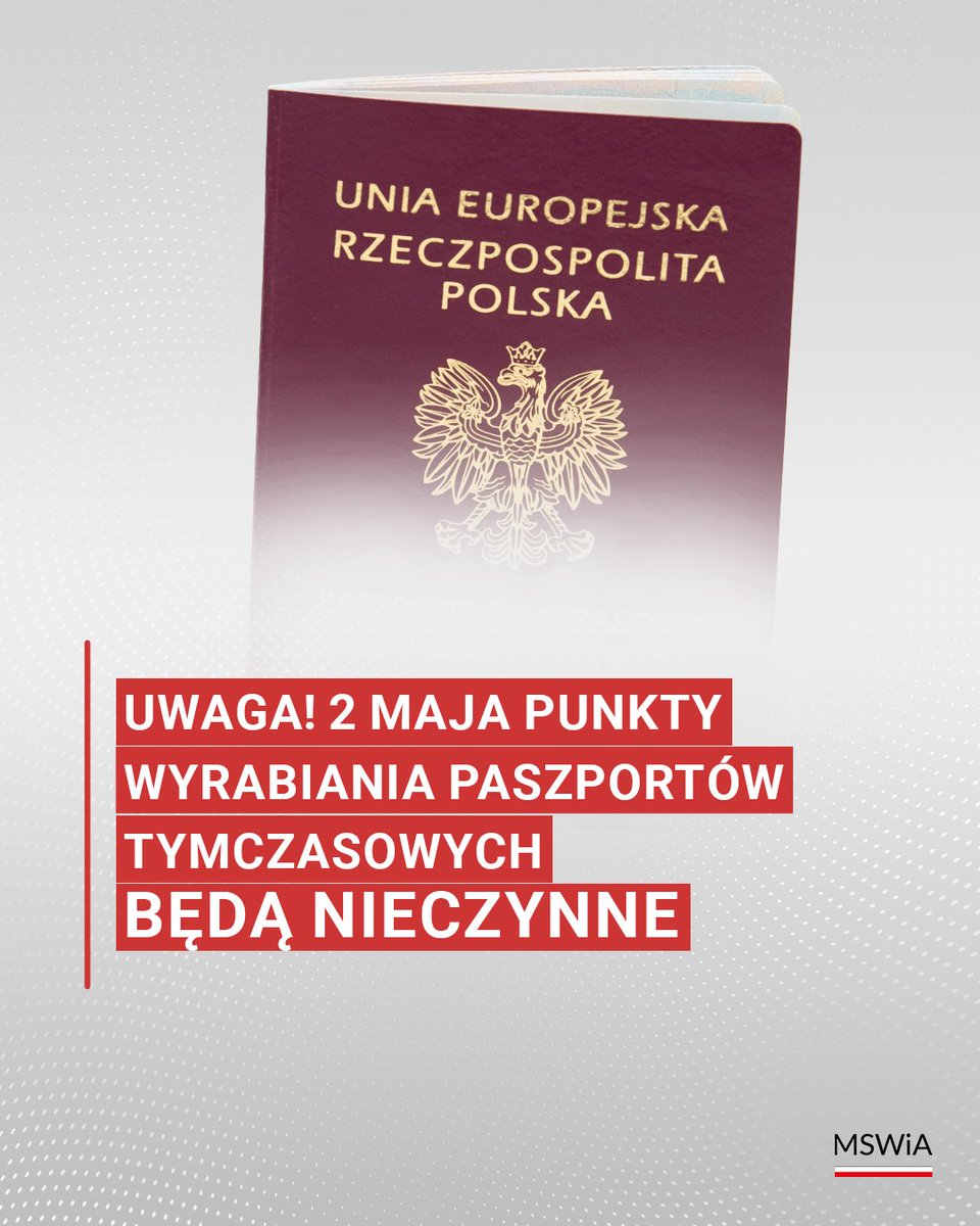 ❗ ✈️ 2️ maja punkty wyrabiania paszportów tymczasowych będą nieczynne. Wracamy do Was 5 maja. Dotyczy to lotnisk w ⤵️

✔️ Warszawie, 
✔️ Krakowie, 
✔️ Gdańsku, 
✔️ Wrocławiu, 
✔️ Poznaniu, 
✔️ Katowicach.