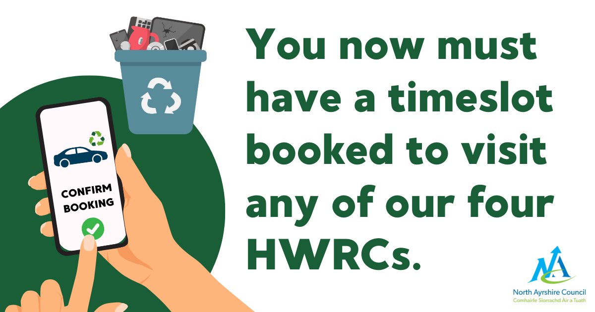 The new booking system for North Ayrshire’s Household Waste Recycling Centres is now in place.

From today (Tuesday 29 April), anyone visiting one of North Ayrshire’s four recycling centres will need to book a slot prior to visiting.

Bookings can be made online, over the phone