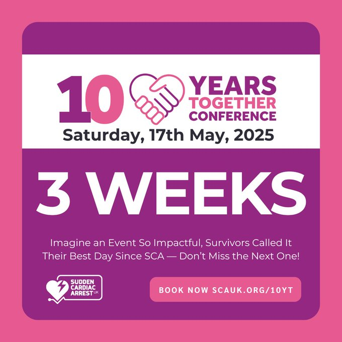 The Association of Ambulance Chief Executives (@aace_org) on Twitter photo Just 3 weeks to go until <a href="/WeAreSCAUK/">Sudden Cardiac Arrest UK</a>'s #10YearsTogether conference!
Discover a supportive community, gain valuable insights from renowned speakers, participate in interactive workshops, and forge meaningful connections with fellow attendees.
Register at scauk.org/10YT Just 3 weeks to go until <a href="/WeAreSCAUK/">Sudden Cardiac Arrest UK</a>'s #10YearsTogether conference!
Discover a supportive community, gain valuable insights from renowned speakers, participate in interactive workshops, and forge meaningful connections with fellow attendees.
Register at scauk.org/10YT