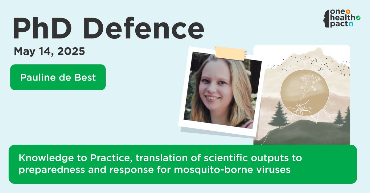 One Health PACT (@onehealthpact) on Twitter photo Promotion time! 🦟💧🐦⬛
On Wednesday the 14th of May <a href="/PaulinedeBest/">Pauline de Best</a> will defend her PhD thesis titled: ‘Knowledge to Practice, translation of scientific outputs to preparedness and response for mosquito-borne viruses’ at <a href="/ErasmusMC/">Erasmus MC</a>.
Attend online via: youtube.com/live/9KuEzMrXY… Promotion time! 🦟💧🐦⬛
On Wednesday the 14th of May <a href="/PaulinedeBest/">Pauline de Best</a> will defend her PhD thesis titled: ‘Knowledge to Practice, translation of scientific outputs to preparedness and response for mosquito-borne viruses’ at <a href="/ErasmusMC/">Erasmus MC</a>.
Attend online via: youtube.com/live/9KuEzMrXY…