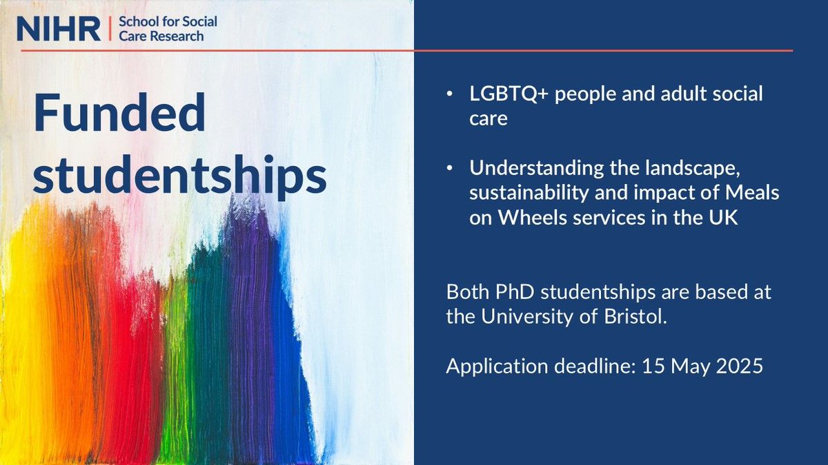 Looking for a new opportunity? 

LGBTQ+ people and adult social care - buff.ly/LkIT44g 

Understanding the landscape, sustainability and impact of Meals on Wheels services in the UK - buff.ly/soHPPwt 

Application deadline - 15/05/2025
