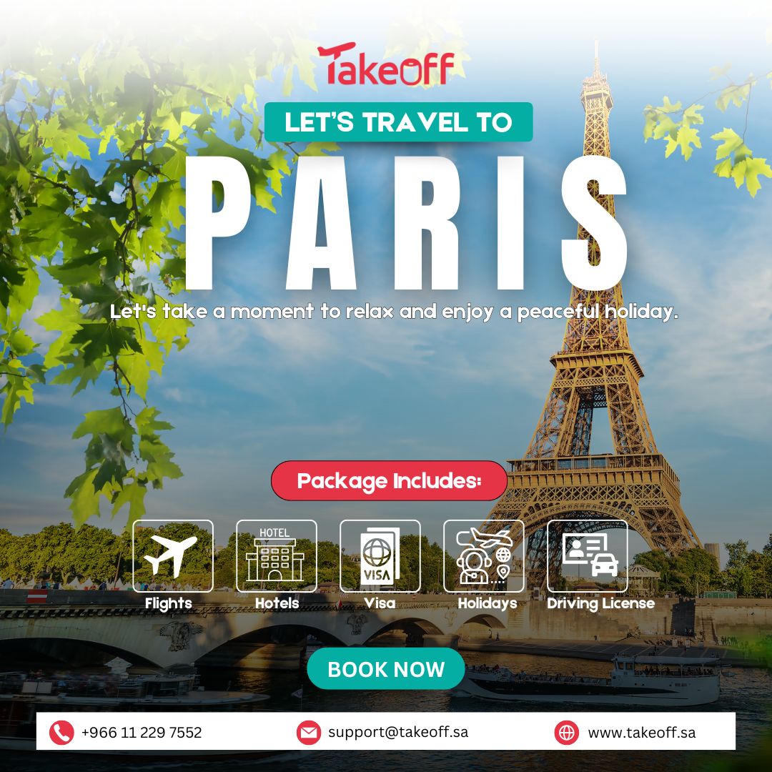 takeoff_saudi's tweet photo. Bonjour! Experience the charm of Paris with #TakeOff! ✨From Eiffel Tower views to cozy cafés, plan the perfect getaway with flights, hotels &amp; visas all in one place.

📲 DM us on WhatsApp: +966 11 229 7552
🌐 Book now: https://t.co/x7mGFNXmQS

#Paris #Europe #TravelDeals #Offers https://t.co/C5egFwb37e