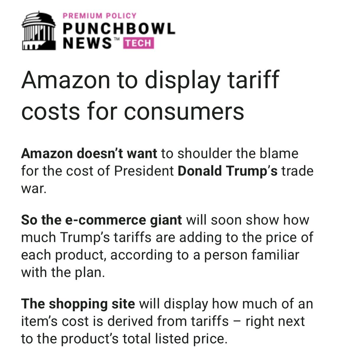 消息：亚马逊将向消费者展示特朗普的关税政策为产品带来的额外成本。