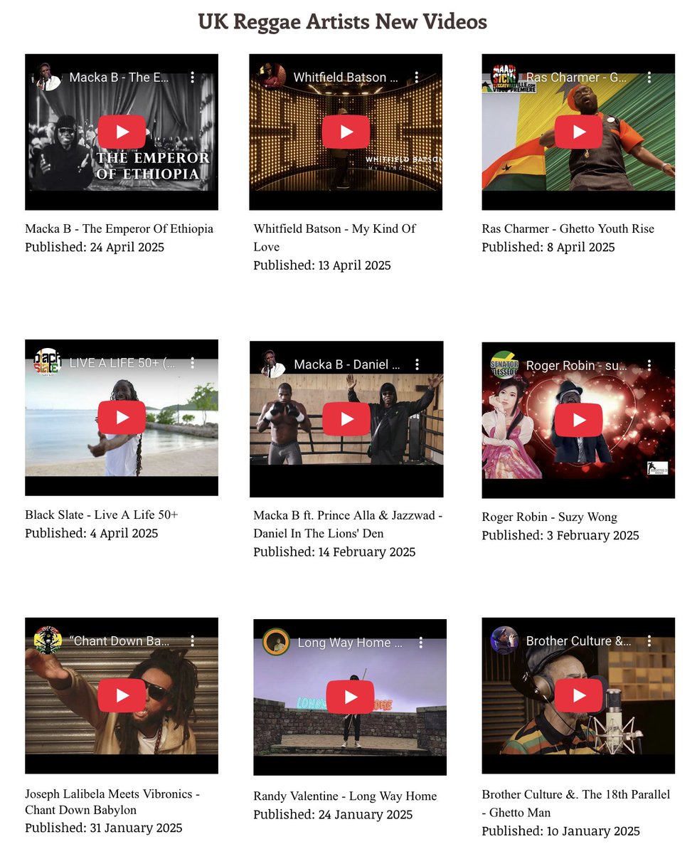 Check out Reggae Fraternity UK website to discover new music videos by UK reggae artists reggaefraternityuk.com/music-videos

Latest music videos include:
* Macka B - The Emperor Of Ethiopia
* Whitfield Batson - My Kind Of Love
* Ras Charmer - Ghetto Youth Rise
* Black Slate - Live A Life