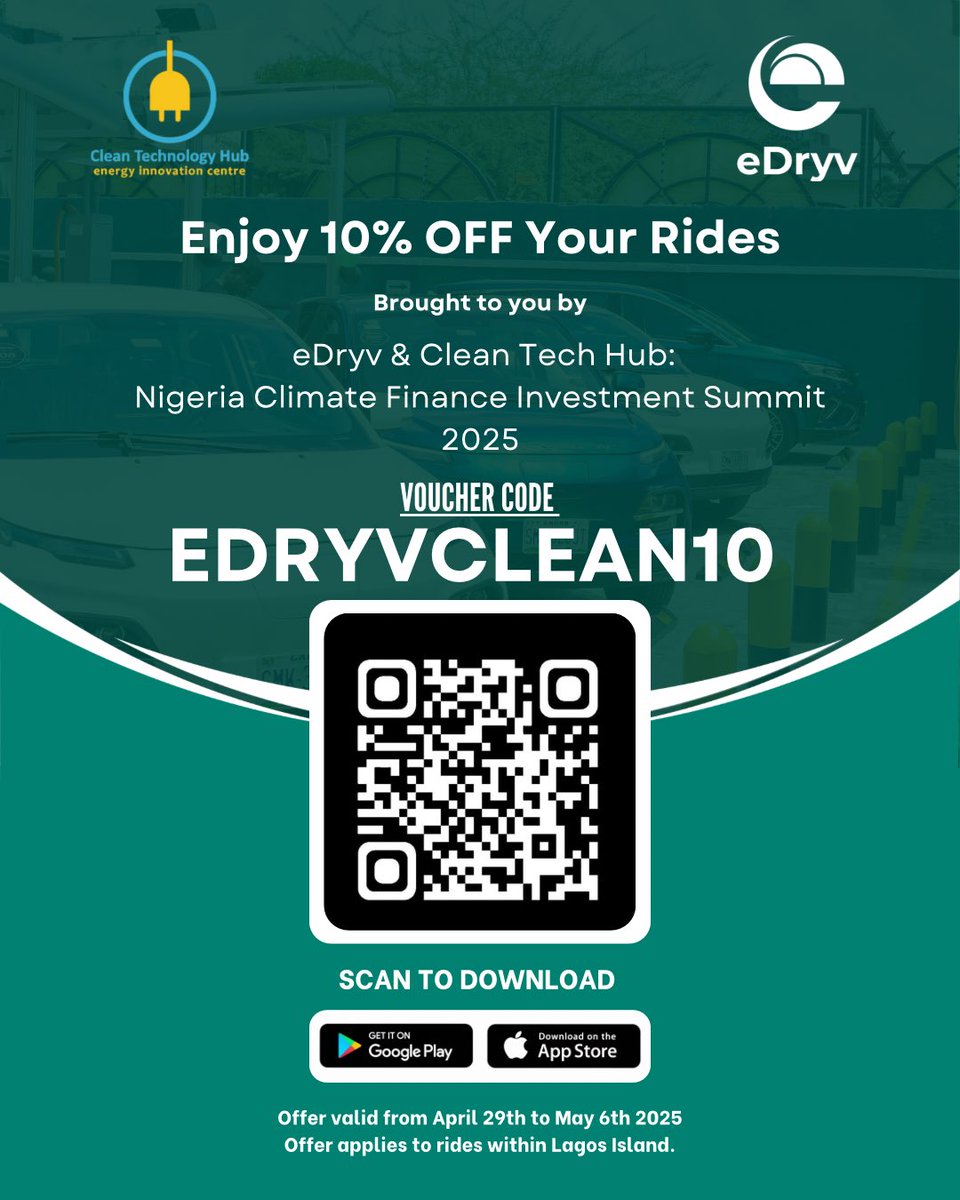 eDryvmobility's tweet photo. 🚗 OFFICIAL: We're the Transport Partner for Nigeria Climate Finance &amp; Investment Summit! (Apr 29-30, Lagos)
🌱 Use code EDRYVCLEAN10 for 10% off rides (Apr29-May6) 📍Routes: CMS ↔ Sangotedo 📲 Attendees: Scan QR codes onsite!
#eDryv #ClimateSummit2025 #foltitechnologies https://t.co/Q8OHlDAKwI