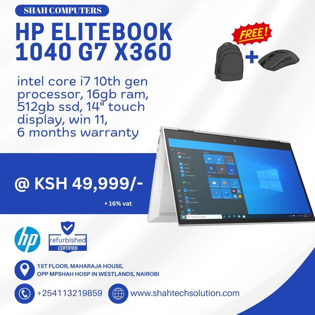 shahcomputers_'s tweet image. Power meets flexibility!
Get the HP EliteBook 1040 G7 X360 – Core i7, 16GB RAM, 512GB SSD, 14” touchscreen @ KSH 49,999 + VAT.
Free bag + mouse &amp;amp; 6-month warranty!
Shop at Shah Computers, Westlands Nairobi.

#HPEliteBook #LaptopDealsKenya #TouchScreenLaptop #RefurbishedLaptops…
