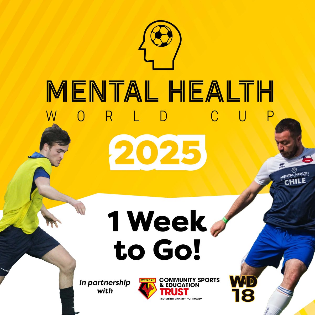 🧠⚽️ 1 week to go!🧠⚽️
The Mental Health World Cup kicks off at Vicarage Road Stadium next Saturday 10th May!
✅ Teams = SOLD OUT

But you can still get involved!

🎟️ Grab a spectator ticket: mentalhealthworldcup.org.uk/watford

💻 Bid in the online auction: superstars-auctions.com/mhworldcup

Support