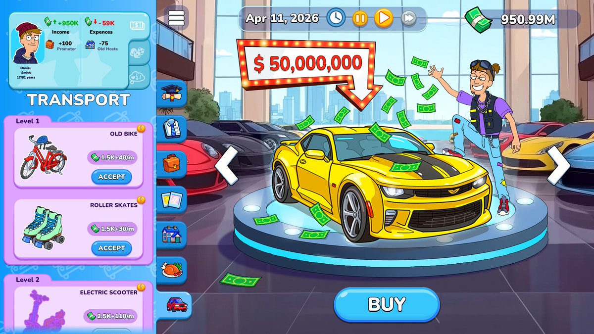 💸 Why settle for roller skates when you can drop $50M on a supercar?

In Mr.Billion, your journey from broke to billionaire is just a few smart taps away. 
Grind hard, live large, repeat.
#Mrbillion #MobileMonday #GameDev #IndieDev #IndieGame #LifeSim #IdleTycoon #Dev #Games