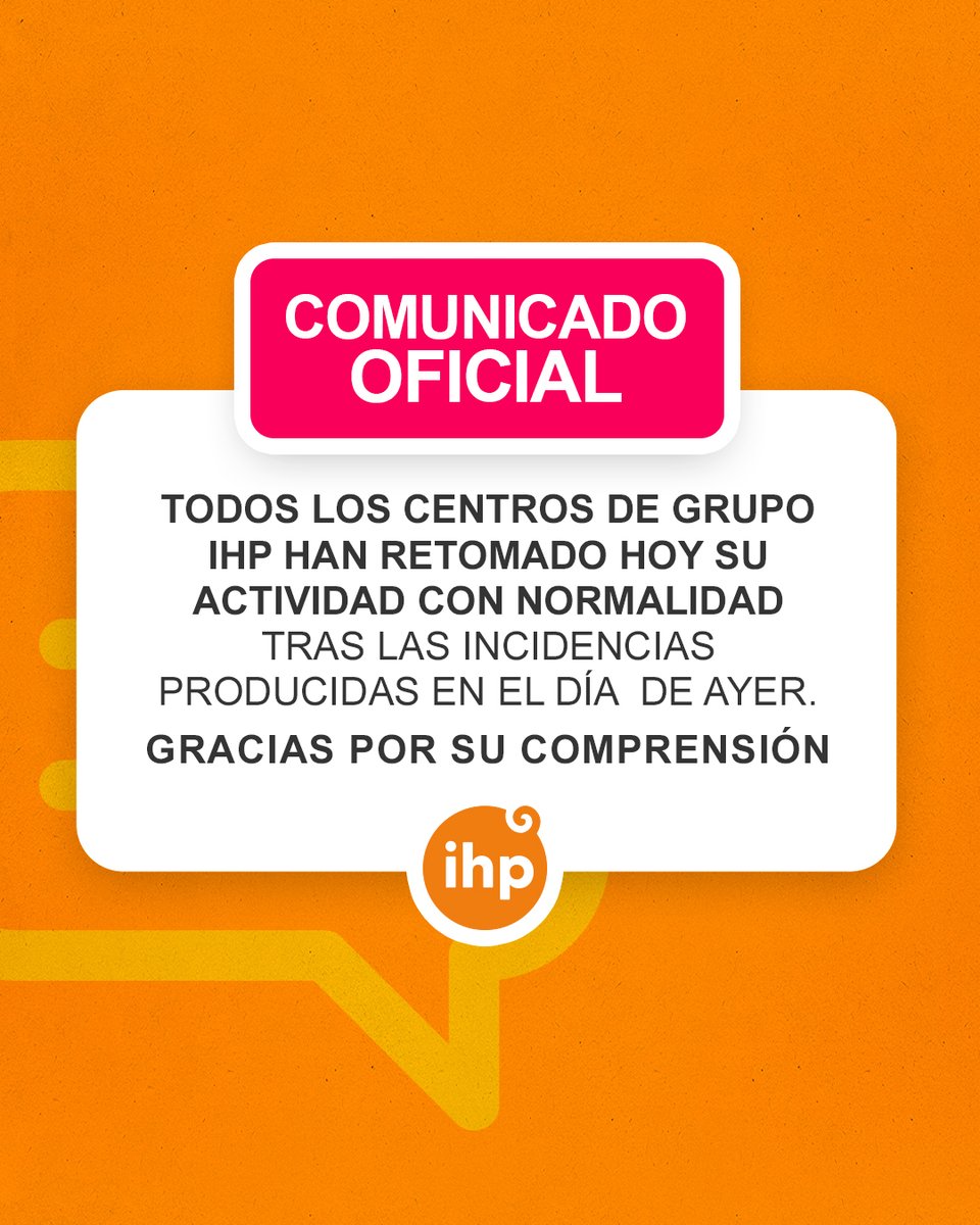 #ComunicadoOficial I Tras el #apagón eléctrico que afectó ayer a gran parte de España, todos los centros de #GrupoIHP han retomado hoy su actividad con total normalidad.

Puedes consultar los horarios actualizados: ihppediatria.com/cuadro-medico/…

Gracias por su comprensión y confianza.