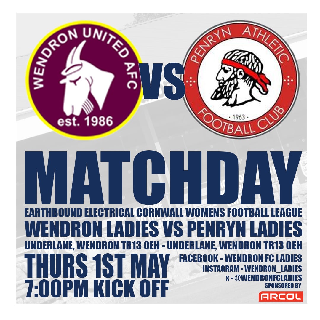 - MATCHDAY -

This Thursday night sees the visit of Penryn AFC Ladies  to Underlane in <a href="/TheCWFL/">CWFL</a>

Five games to go and with two games this week, the season is heading towards an exciting end.

Hope to see you all at Underlane for a 7pm kick off!

⚽️🐐

#Womensfootball