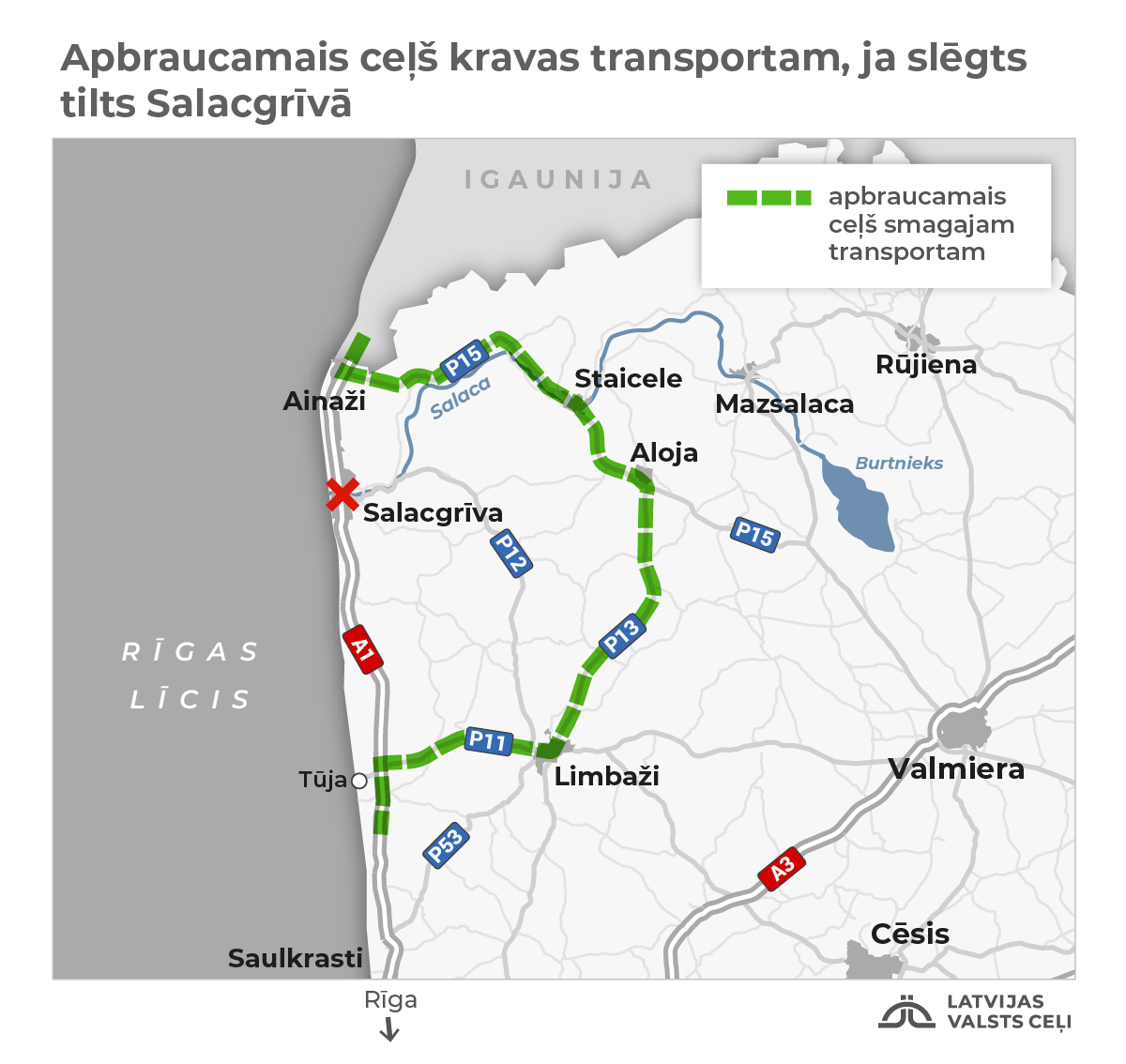 🔴No 6. līdz 13. maijam pagaidu tilts Salacgrīvā būs slēgts autotransporta satiksmei. ✅Gājēju satiksme joprojām notiks pa pagaidu tiltu. 
Kravas, vieglajam un sabiedriskajam transportam satiksme pa apbraucamajiem ceļiem, sk. kartē 👇 Plašāka informācija 👉lvceli.lv/aktuali/no-6-m…