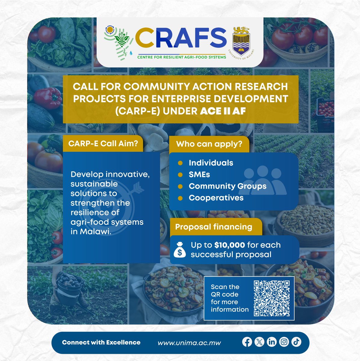 The University of Malawi’s Center for Resilient Agri-Food Systems (CRAFS) is inviting proposals for community action research projects aimed at enhancing the resilience of agri-food systems in Malawi.

CRAFS is funded by the World Bank, through the Government of Malawi, under the