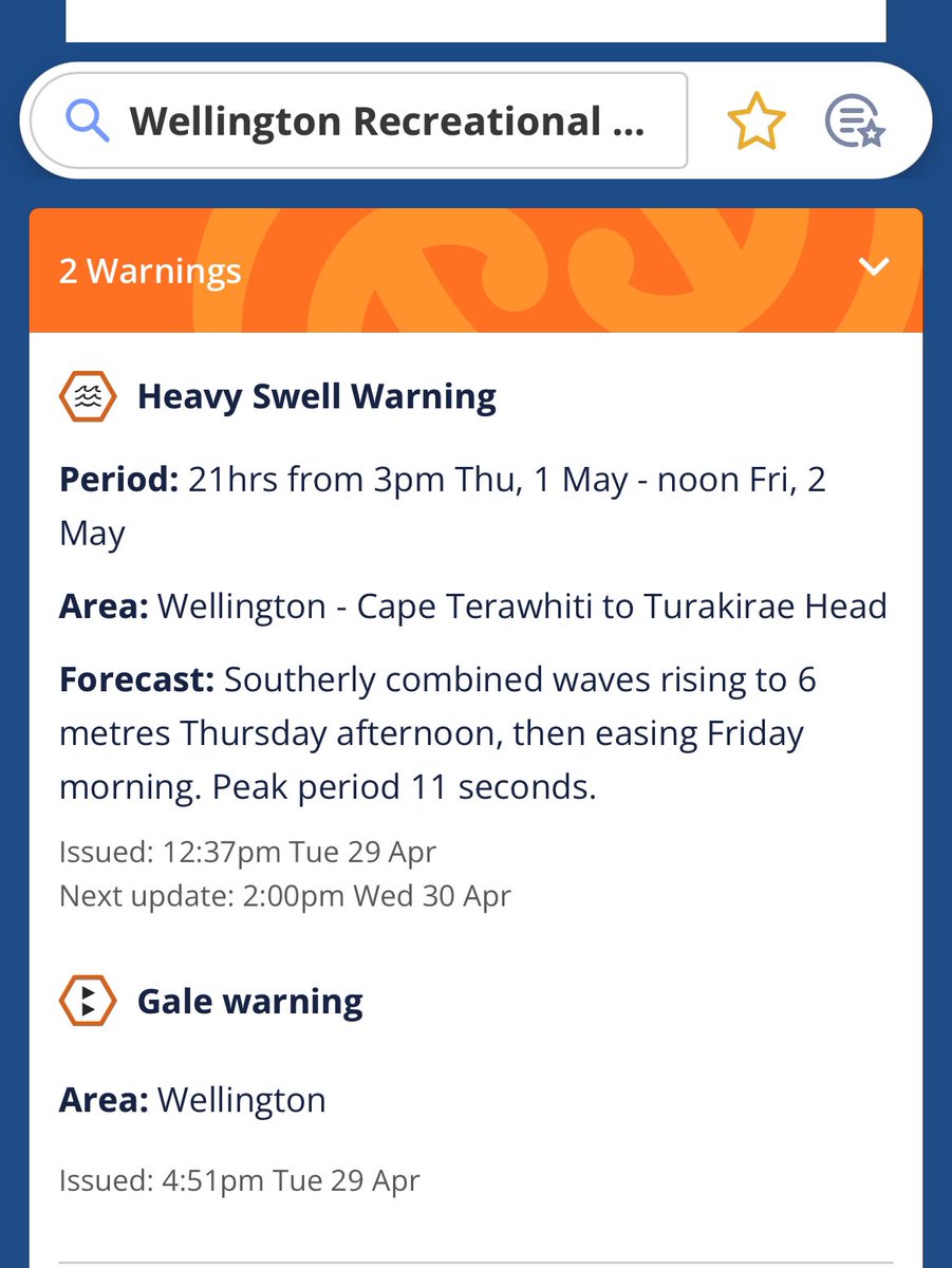 Heavy swell warning Thursday afternoon bay team (6-7 metres). This combined with a very big tide may cause some shore damage. Be prepared team