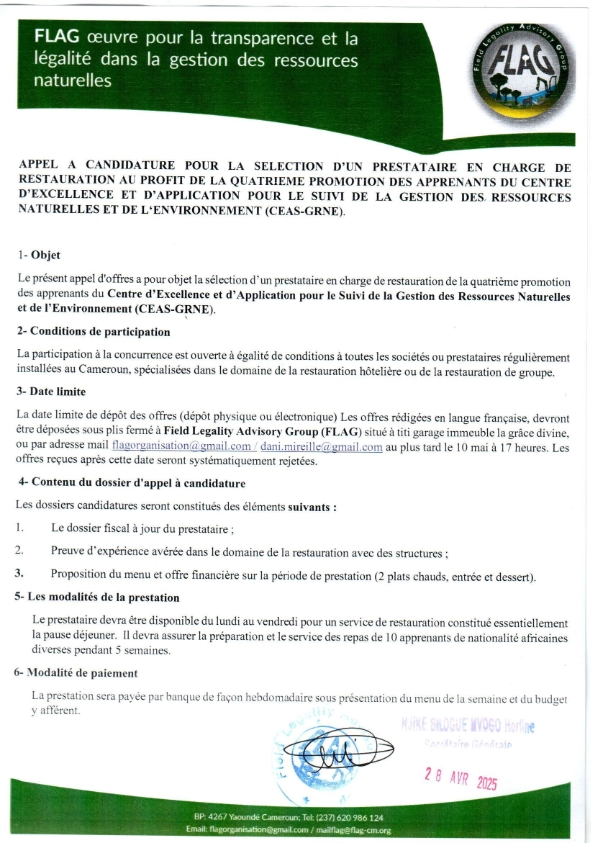 🚨 APPEL À CANDIDATURE 🚨

FLAG recrute un prestataire en restauration pour accompagner la 4ᵉ promotion du CEAS-GRNE !
👉 Conditions : être un prestataire expérimenté et légalement installé au Cameroun.
📅 Date limite : 10 mai 2025 à 17h00.