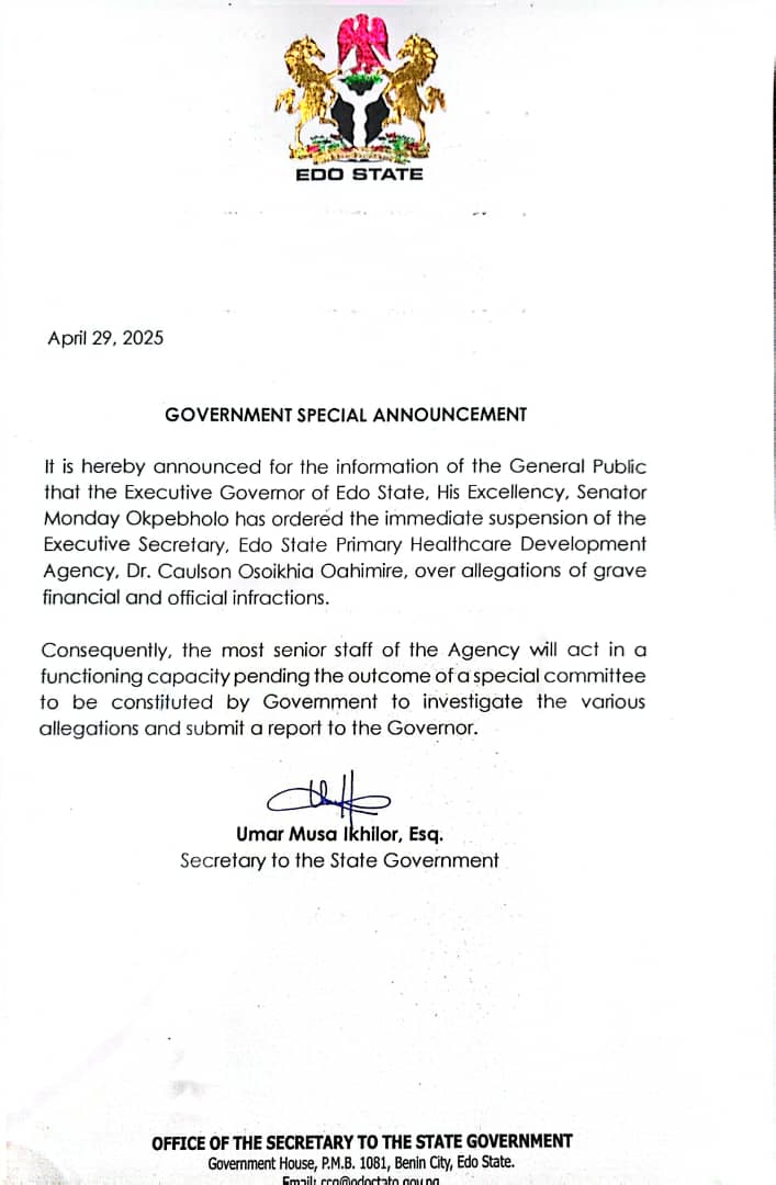 Edo State Government Orders Immediate Suspension of Dr. Caulson Osoikhia over financial infractions