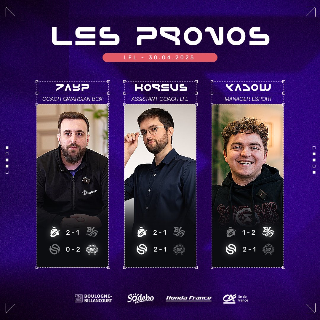 On a demandé au coaching staff GameWard ses pronos pour les matchs de demain en <a href="/LFLOfficiel/">LFLxDIV2</a>  🤠

Si la victoire de <a href="/SolaryTV/">Solary</a> contre <a href="/gentlemates/">Gentle Mates</a> est attendue, le match entre <a href="/ASUS_BK_ROG/">BK ROG Esports</a> et <a href="/Galions_/">Galions</a> laisse place à plus d’incertitude 🤏

⬇️ On veut connaître vos pronostics ⬇️