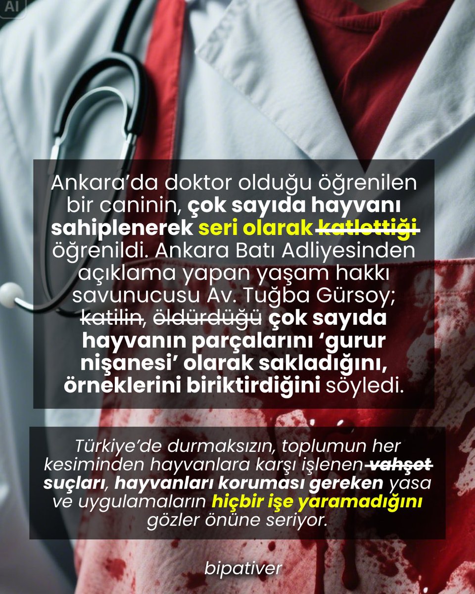 Ankara’da doktor olduğu öğrenilen bir caninin, çok sayıda hayvanı sahiplenerek seri olarak k•tlettiği öğrenildi. Ankara Batı Adliyesinden açıklama yapan yaşam hakkı savunucusu Av. Tuğba Gürsoy; kat-i-lin, öldürdüğü çok sayıda hayvanın parçalarını ‘gurur nişanesi’ olarak