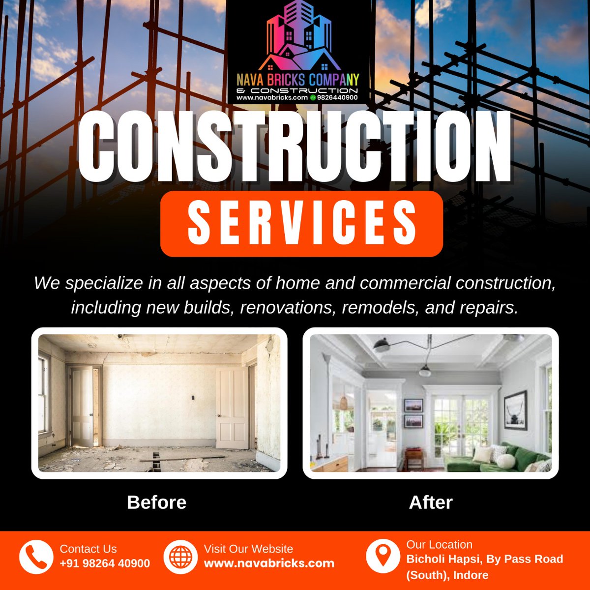 navabricks's tweet photo. Transforming empty walls into elegant homes! 🏠✨
New builds, renovations, or repairs — we do it all with precision &amp; passion.
📍 Indore | Bicholi Hapsi
📞 +91 98264 40900
🌐 https://t.co/6jIdMrQyrS
#NavaBricks #HomeRenovation #BuildWithNava #DreamHome #GoConstruct #indore https://t.co/RprUFd4Ua7