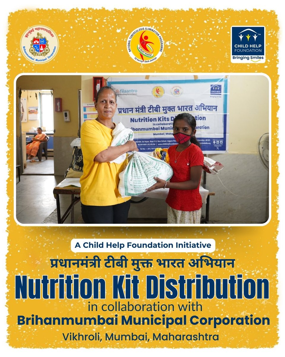 Childhelpindia's tweet image. As a proud Nikshay Mitra under the Pradhan Mantri TB Mukt Bharat Abhiyan 🛡️, Child Help Foundation (CHF) is deeply committed to supporting India&apos;s mission to eliminate tuberculosis 🇮🇳.
.
Following regular monthly nutrition kit distribution drives in Mumbai Suburban and Mulund,…