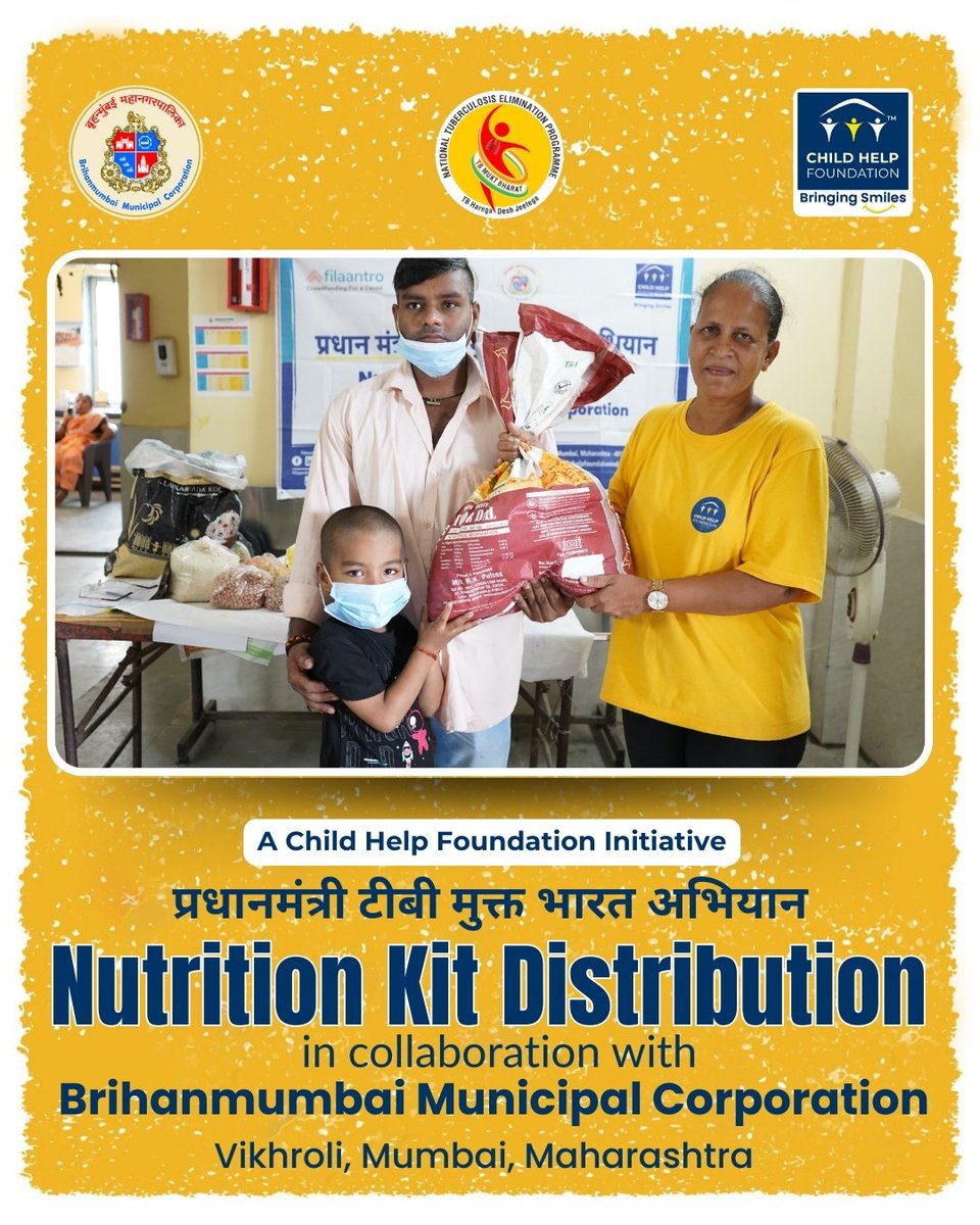 Childhelpindia's tweet image. As a proud Nikshay Mitra under the Pradhan Mantri TB Mukt Bharat Abhiyan 🛡️, Child Help Foundation (CHF) is deeply committed to supporting India&apos;s mission to eliminate tuberculosis 🇮🇳.
.
Following regular monthly nutrition kit distribution drives in Mumbai Suburban and Mulund,…