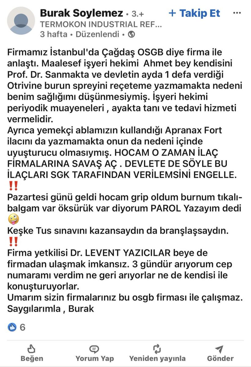 Termokon adlı şirkette bir çalışan doktordan mesajla ilaç istediği yetmezmiş gibi doktorun tedavisine de karar vermeye kalkmış üstüne hizmet sunan sağlık şirketini karalamış Hekimliğe bakış açıları açığa çıkmıştır. <a href="/tibbiyelisozluk/">Tıbbiyeli Sözlük</a> <a href="/BurakSomkaya/">Burak Somkaya</a> <a href="/dr_murselguler/">Dr.Mürsel</a> <a href="/DahiliyeDoktoru/">Dahiliye Doktoru</a>