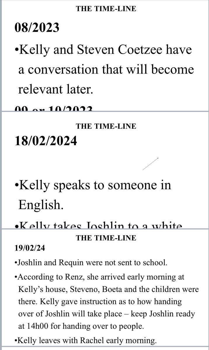 IOL's tweet photo. The State has shown the court how the three accused and state witness planned to sell Joshlin Smith in February 2024. Senior Prosecutor Zelda Swanepoel also showed the timeline of how the kidnapping and human trafficking unfolded.
https://t.co/YfjwnmeC2g
#Joshlin #JoshlinSmithTrial #JoshlinSmithTrialUpdate