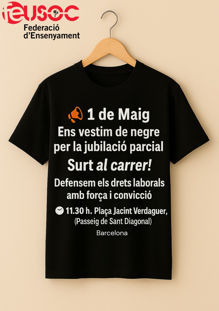 🚨 1 de Maig
Ens vestim de negre per la jubilació parcial
🗣️ Surt al carrer!
Defensem els drets laborals amb força i convicció
⏰ 11.30 h – Plaça Jacint Verdaguer, Barcelona
(Passeig de Sant Joan – Diagonal)
Us hi esperem!